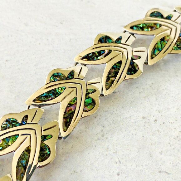 Vintage Signed Mexican Sterling Silver Abalone Inlay Bracelet Stylized Design - Picture 1 of 9